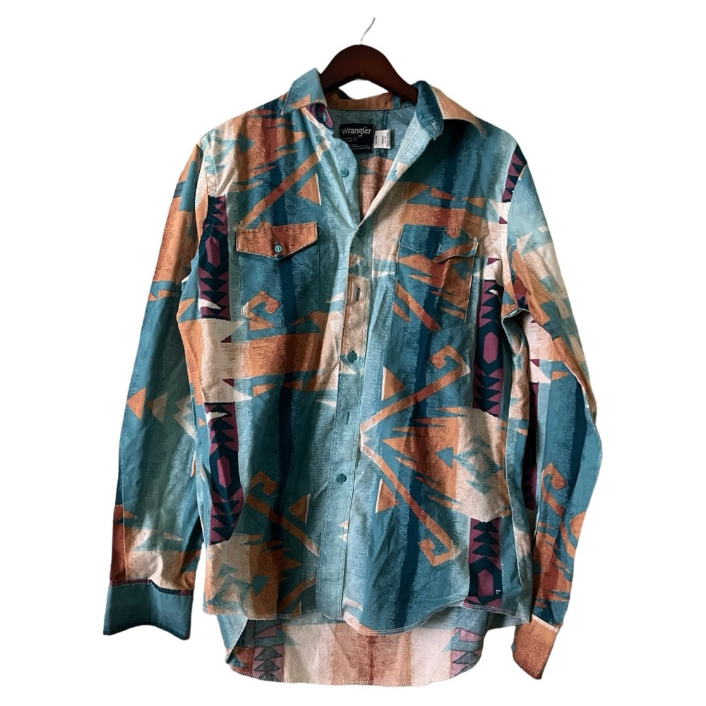 Wrangler Teal Blue & Tan Geometric Print Western Shirt